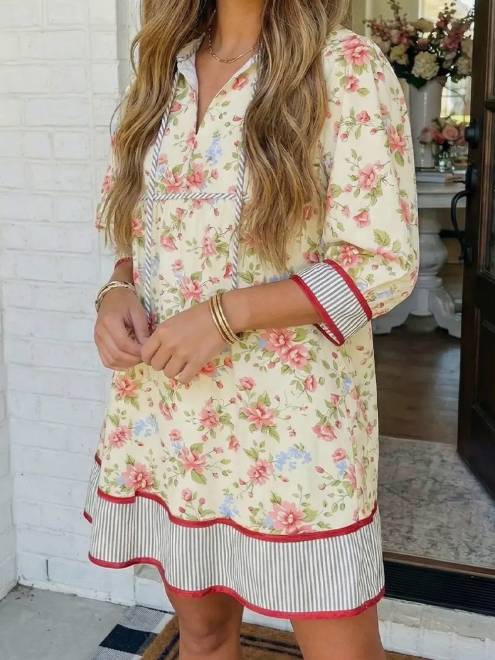 Floral Cream Mini Dress with Pink Blooms and Striped Trim - Picture 2 of 3